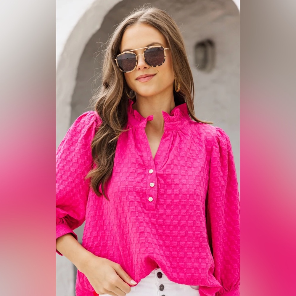 Fuchsia Hot Pink 3/4 Sleeve Shirt | Textured Knit | Ruffled V-Neck | M | NWT